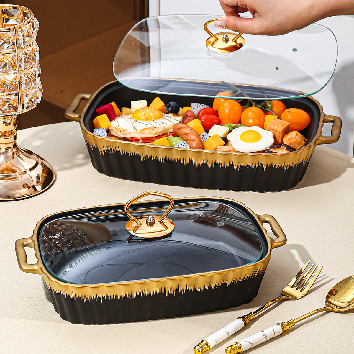 Durable Ceramic Cookware Set with Elegant Golden Trim Design and Matching Lids - Ideal for Parties and Home Use - Perfect Serveware for Your Kitchen