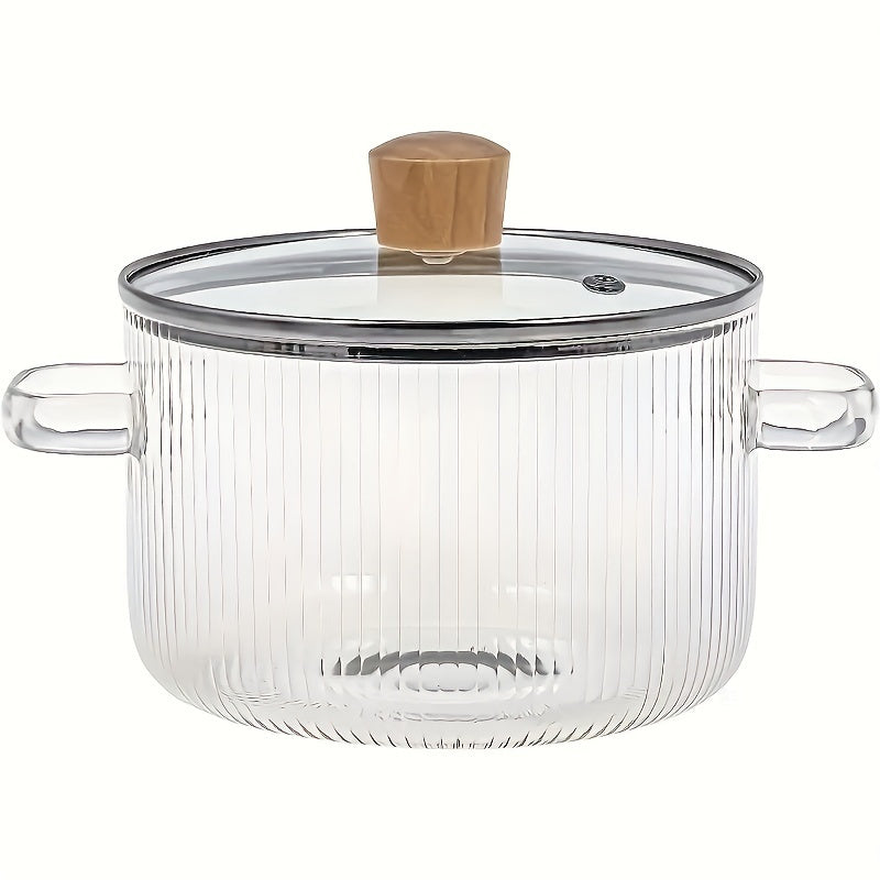 Glass cooking pot with lid, 1.6L (54 oz) capacity, made from durable borosilicate glass. Ideal for soups, milk, food supplements, and general kitchen use. Can be used on the stove.