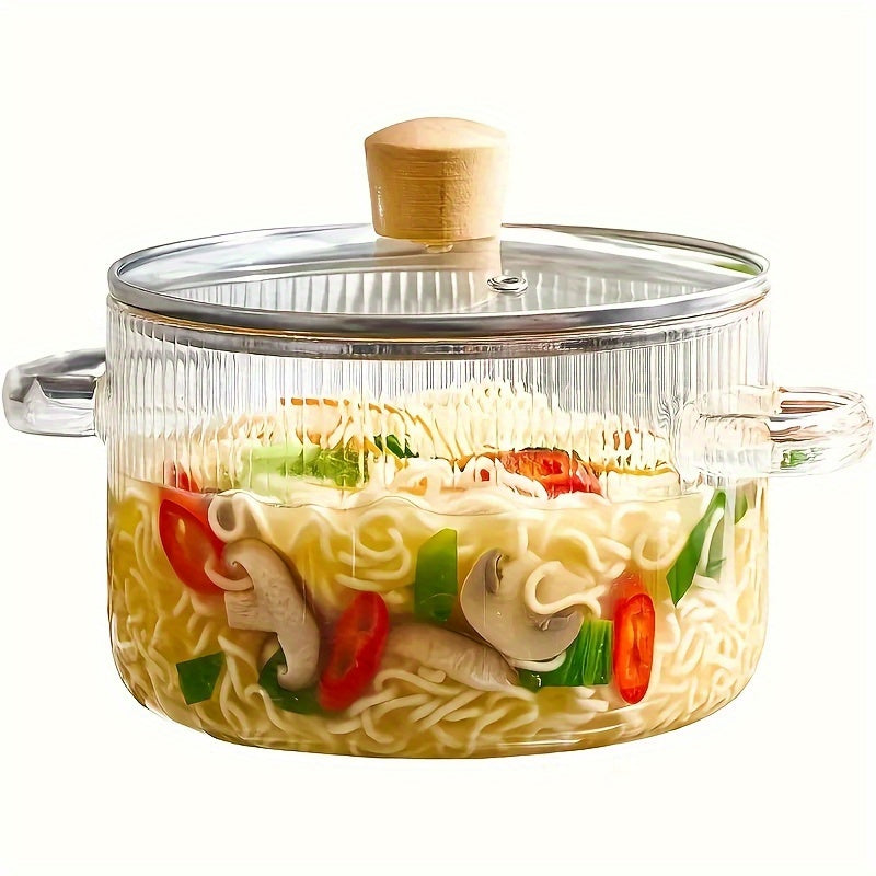 Glass cooking pot with lid, 1.6L (54 oz) capacity, made from durable borosilicate glass. Ideal for soups, milk, food supplements, and general kitchen use. Can be used on the stove.