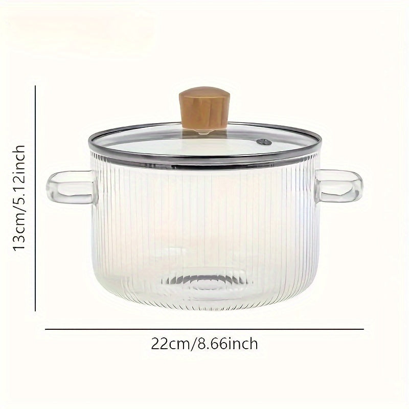 Glass cooking pot with lid, 1.6L (54 oz) capacity, made from durable borosilicate glass. Ideal for soups, milk, food supplements, and general kitchen use. Can be used on the stove.