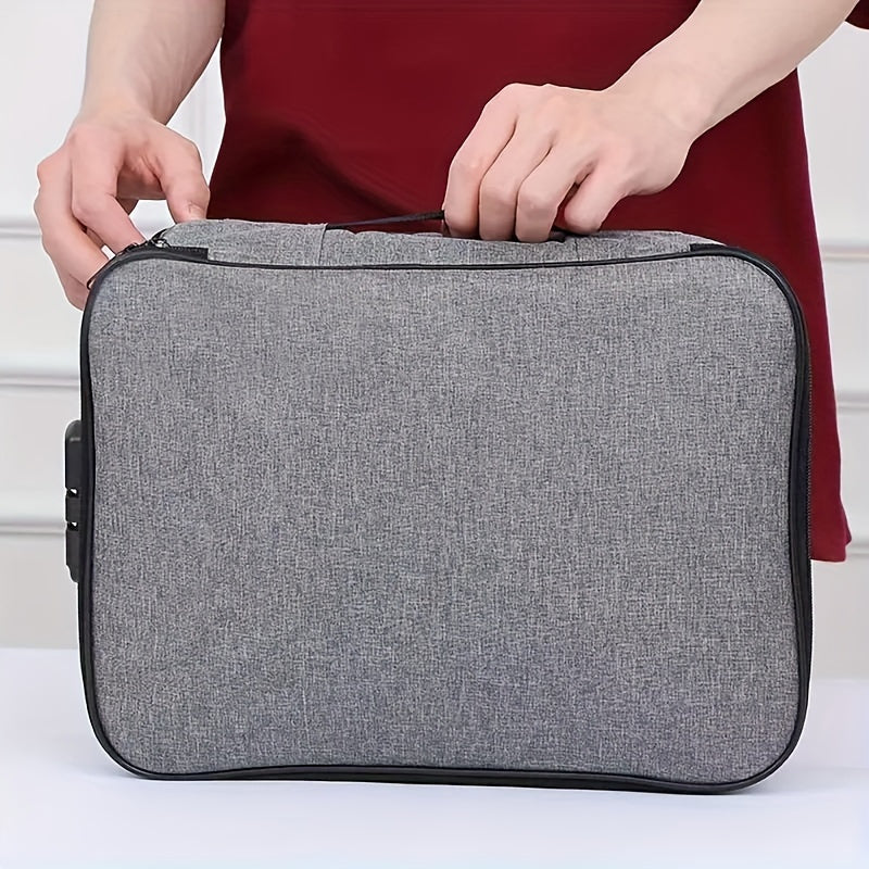 Fireproof document bag with lock, water-resistant, multi-layer storage for travel and home, portable organizer for laptops, files, and certificates.