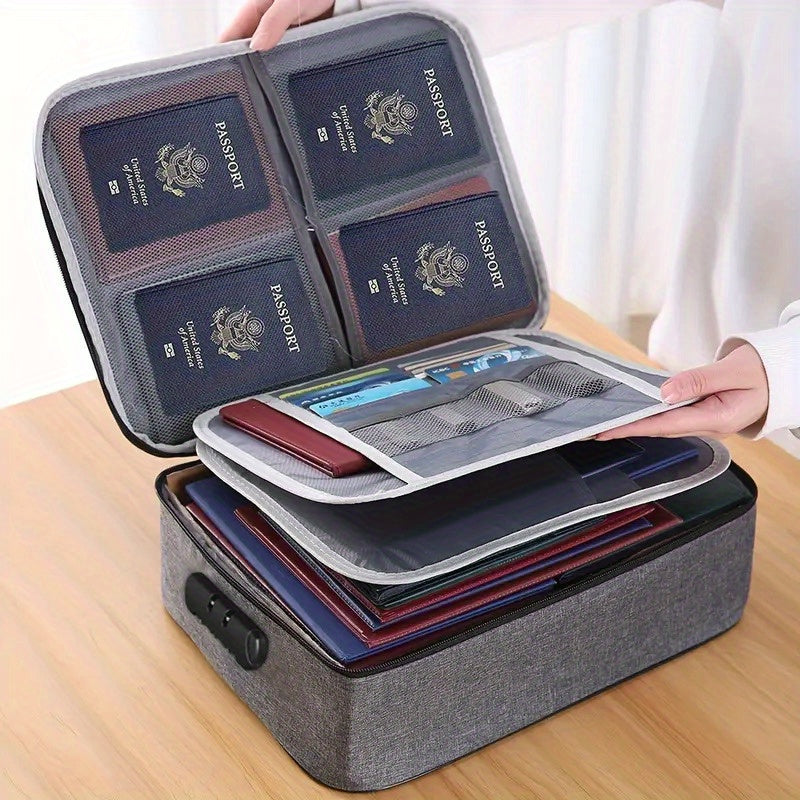 Fireproof document bag with lock, water-resistant, multi-layer storage for travel and home, portable organizer for laptops, files, and certificates.