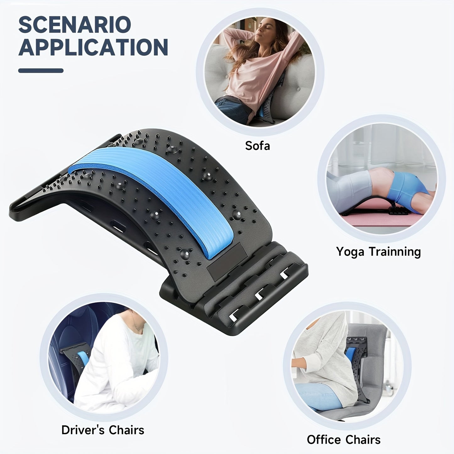 Adjustable back spine stretcher for lower and upper back relief without battery.