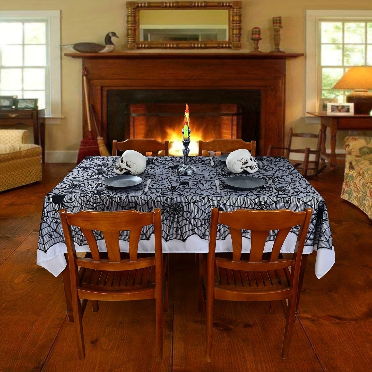 Spider Web Design Lace Tablecloth & Fireplace Mantel Scarf Cover Set - Perfect for Halloween Parties and Haunted House Decor - Includes 1 Piece of Each Item