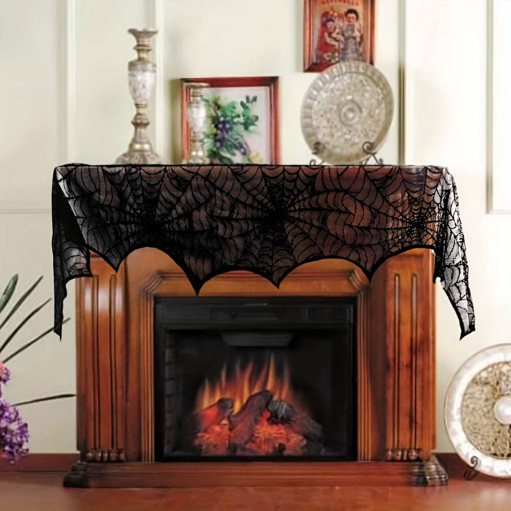 Spider Web Design Lace Tablecloth & Fireplace Mantel Scarf Cover Set - Perfect for Halloween Parties and Haunted House Decor - Includes 1 Piece of Each Item