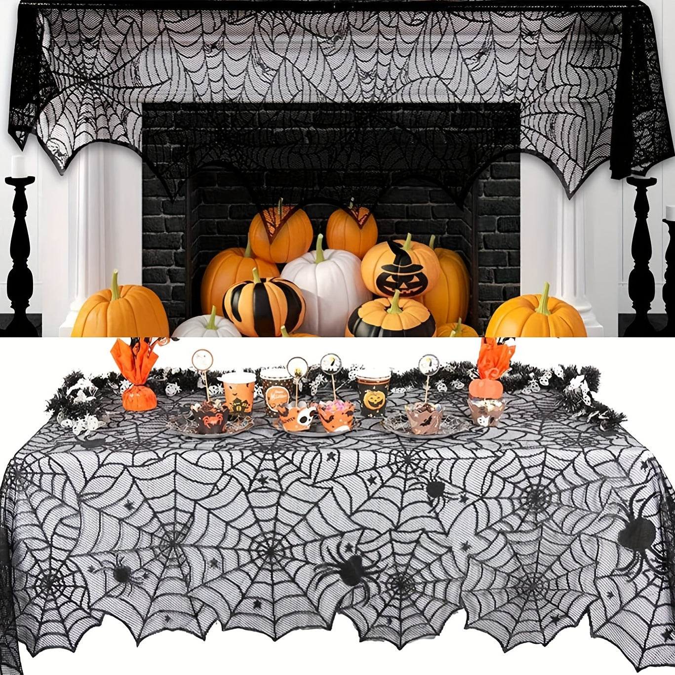 Spider Web Design Lace Tablecloth & Fireplace Mantel Scarf Cover Set - Perfect for Halloween Parties and Haunted House Decor - Includes 1 Piece of Each Item