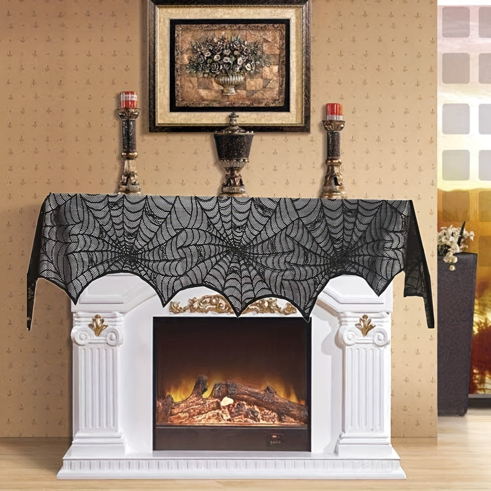 Spider Web Design Lace Tablecloth & Fireplace Mantel Scarf Cover Set - Perfect for Halloween Parties and Haunted House Decor - Includes 1 Piece of Each Item