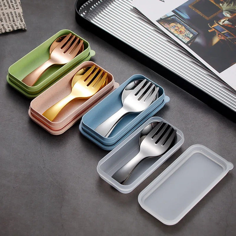 2-piece stainless steel cutlery set with short handles, perfect for travel, students, and dining - includes soup spoon and dessert fork.