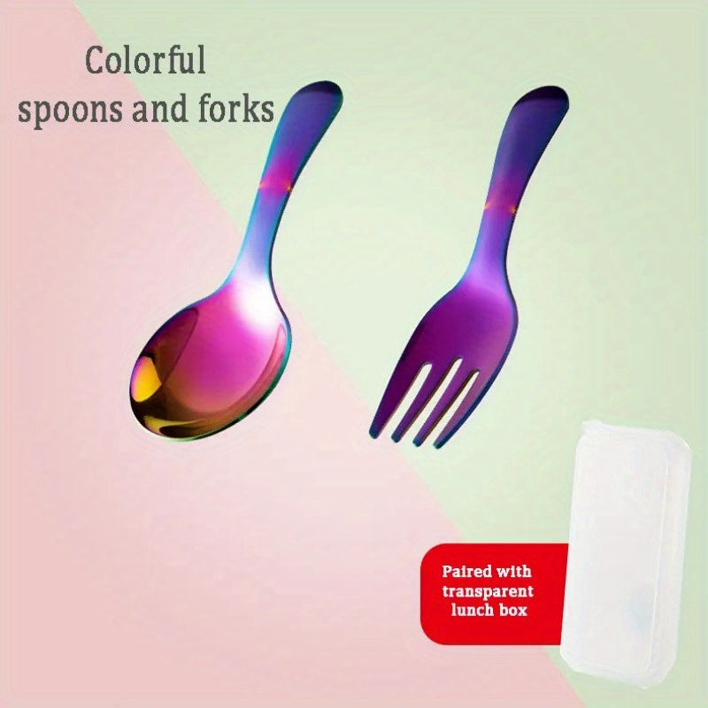 2-piece stainless steel cutlery set with short handles, perfect for travel, students, and dining - includes soup spoon and dessert fork.