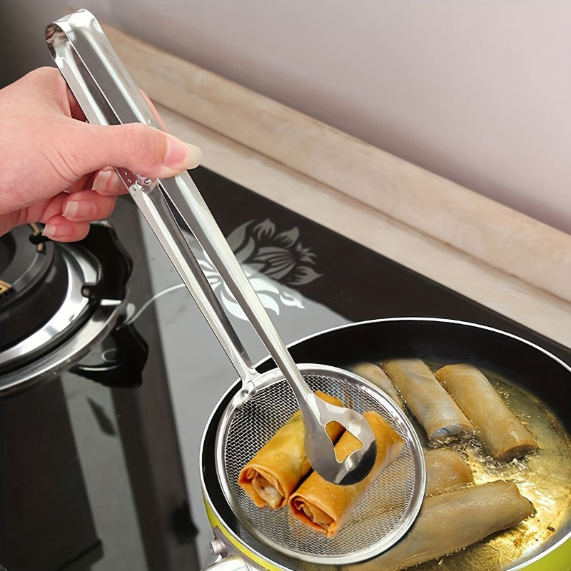 Versatile Stainless Steel Kitchen Tongs with Built-in Strainer - Ideal for Filtering Fried Foods - Durable Cooking Tool Resistant to High Temperatures, Perfect for Draining Oil and Serving Food