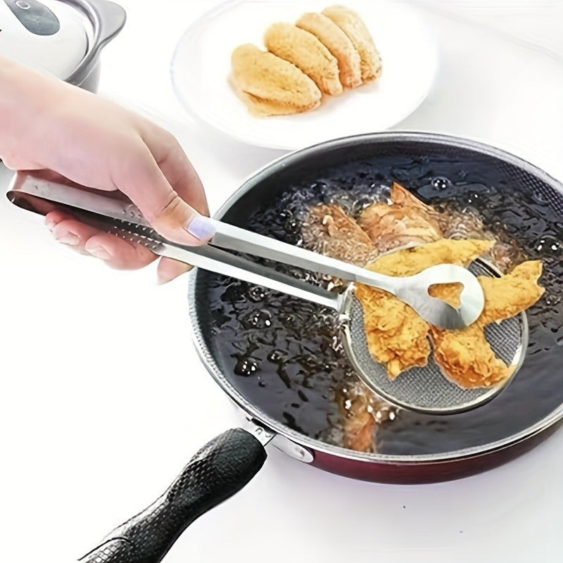 Versatile Stainless Steel Kitchen Tongs with Built-in Strainer - Ideal for Filtering Fried Foods - Durable Cooking Tool Resistant to High Temperatures, Perfect for Draining Oil and Serving Food