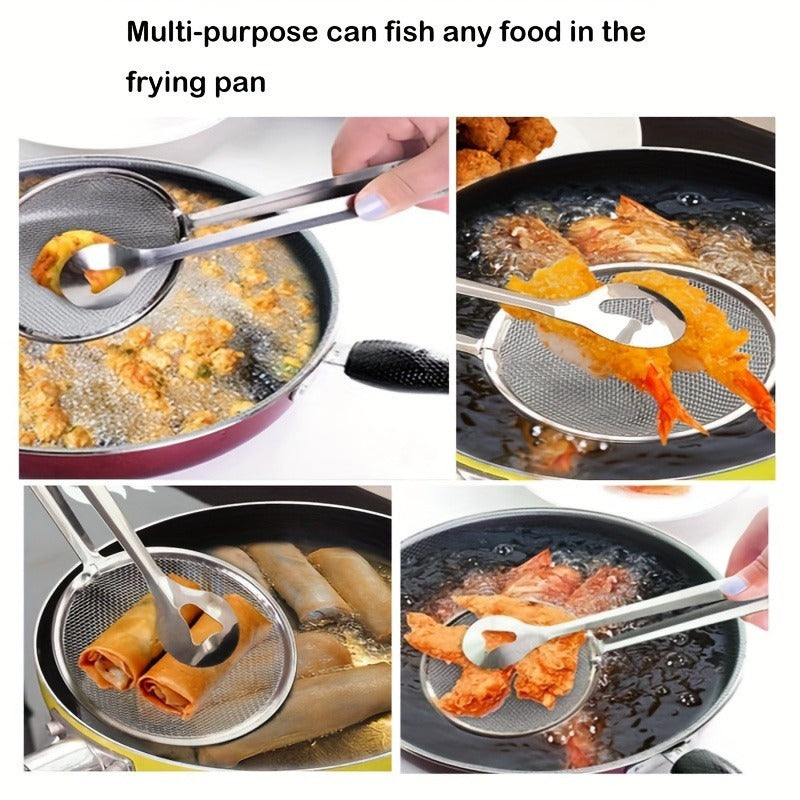 Versatile Stainless Steel Kitchen Tongs with Built-in Strainer - Ideal for Filtering Fried Foods - Durable Cooking Tool Resistant to High Temperatures, Perfect for Draining Oil and Serving Food