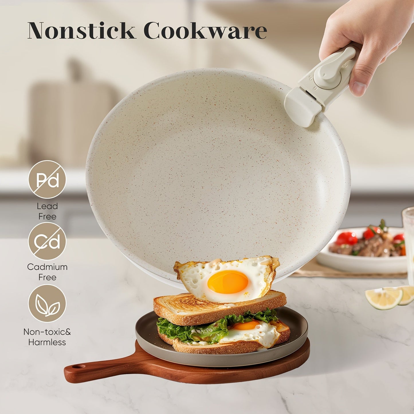 Set of 12 Beige Nonstick Cookware Pieces with Removable Handles - Suitable for Induction Cooktops and Ovens, Safe for Dishwasher Use