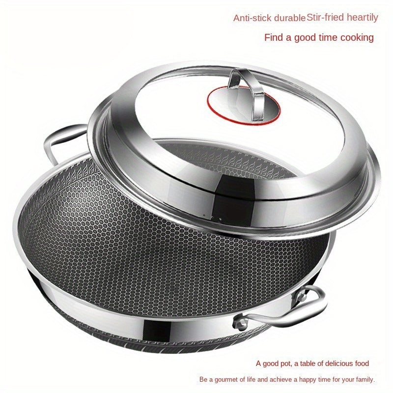 Universal flat-bottomed frying pan made for home use, constructed with 316 stainless steel and featuring a double-sided honeycomb design. Ideal for use on induction cookers and gas stoves.