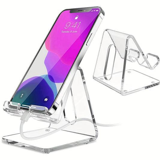 Universal Clear Acrylic Phone Stand - Ergonomic Desktop Holder with Non-Slip Pads, Charging Hole - Hand Wash Only. Compatible with Smartphones 10.16-20.32 cm - Perfect Office Desk Accessory