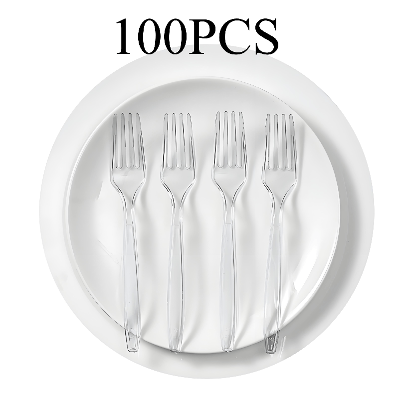 Set of 100 Disposable Transparent Plastic Forks, Strong and Durable High-Quality Forks, Ideal for Parties, Picnics, Events, and Everyday Use in the Kitchen