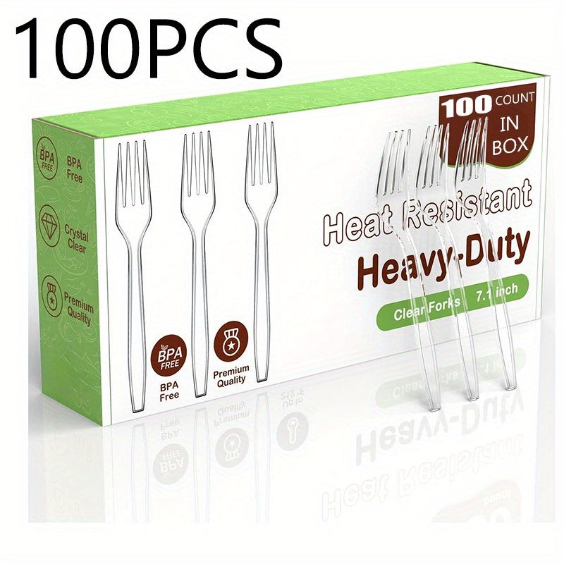 Set of 100 Disposable Transparent Plastic Forks, Strong and Durable High-Quality Forks, Ideal for Parties, Picnics, Events, and Everyday Use in the Kitchen