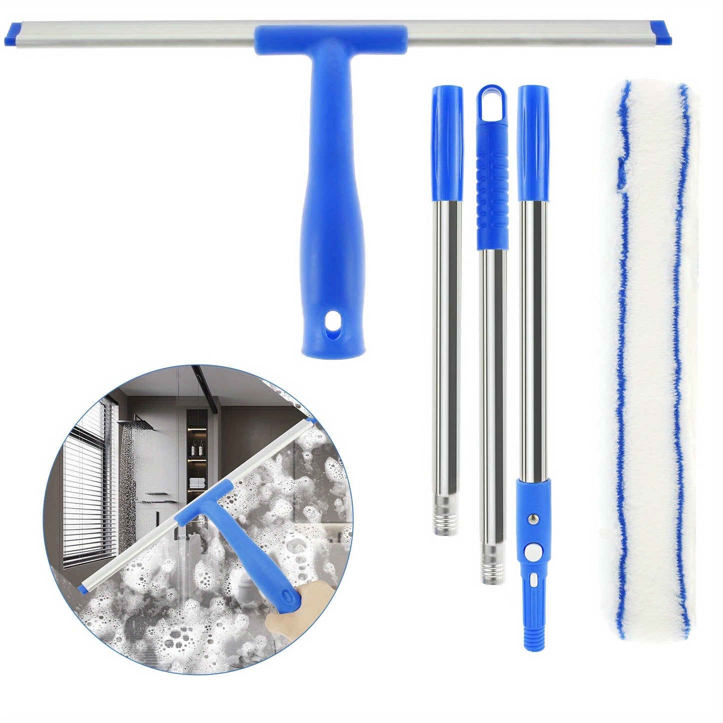 Window cleaning just got easier with our Professional Window Cleaning Kit. This set includes an adjustable stainless steel pole, a durable rubber squeegee, and a scrubber. Perfect for cleaning car windows, home windows, shower doors, and more. Say