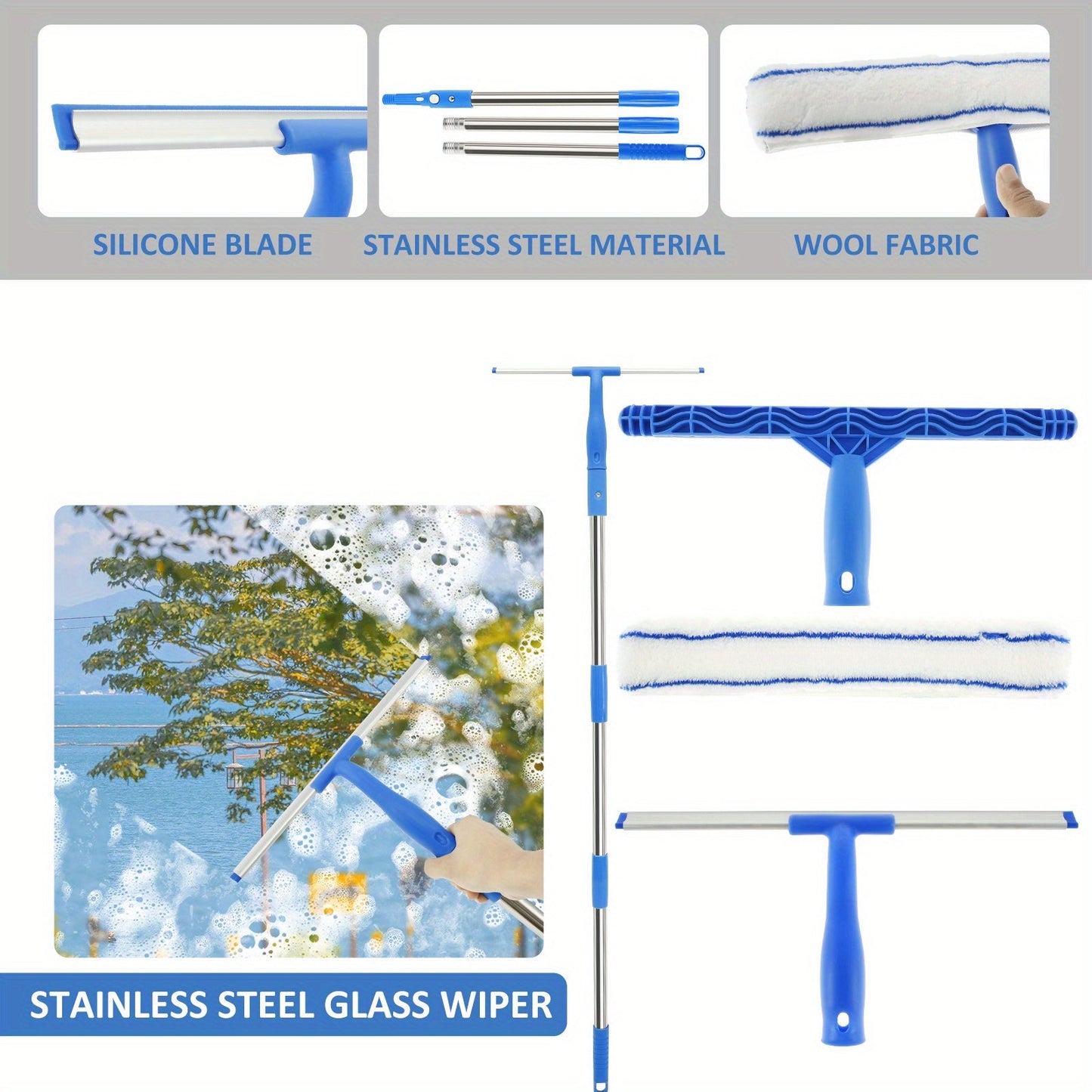 Window cleaning just got easier with our Professional Window Cleaning Kit. This set includes an adjustable stainless steel pole, a durable rubber squeegee, and a scrubber. Perfect for cleaning car windows, home windows, shower doors, and more. Say