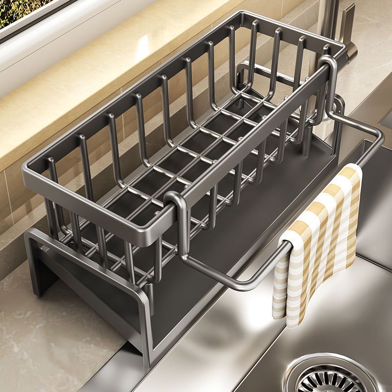 Kitchen storage rack with towel bar, made of black metal, foldable design. Ideal for organizing sponge, detergent, and cleaning tools. Features a classic design, no electricity required, made of plastic material. Perfect for kitchen organization and