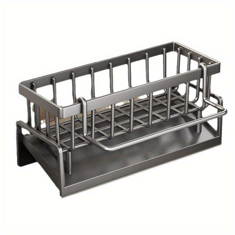 Kitchen storage rack with towel bar, made of black metal, foldable design. Ideal for organizing sponge, detergent, and cleaning tools. Features a classic design, no electricity required, made of plastic material. Perfect for kitchen organization and