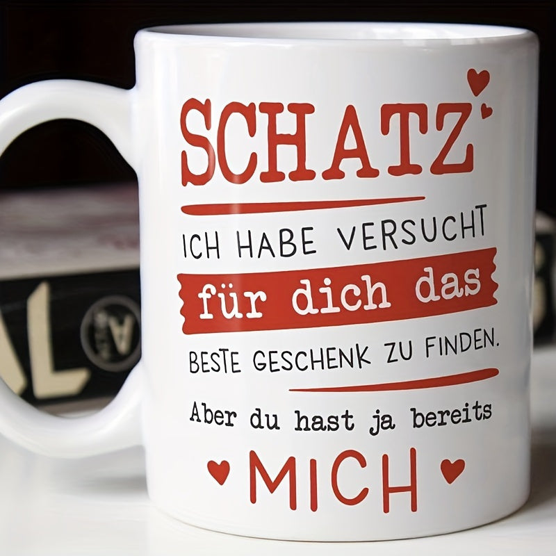 11oz ceramic coffee mug with German love message, hand wash only, perfect gift for spouses.