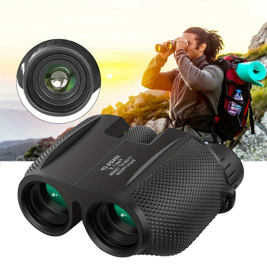 Black rubber-coated binoculars with 24mm objective lens, 10x magnification, center focus, and an ergonomic design for outdoor activities.