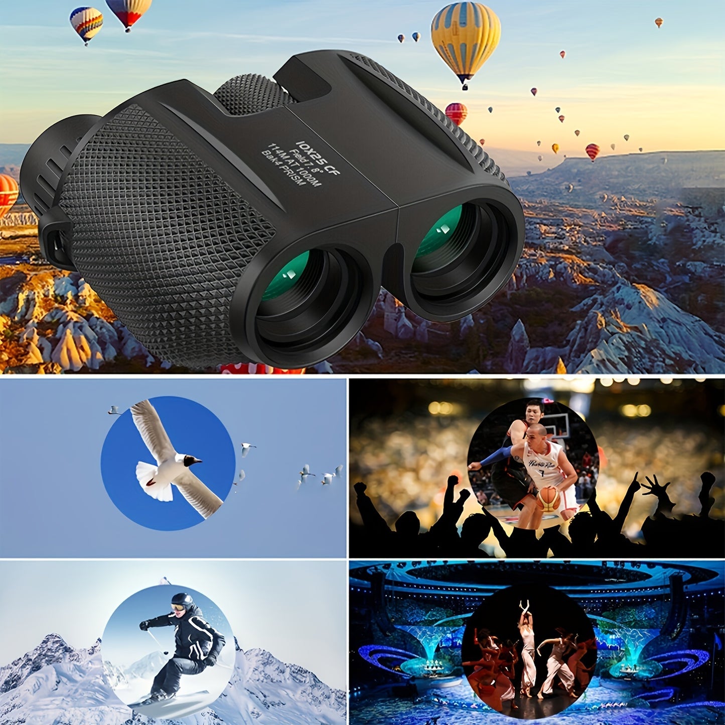 Black rubber-coated binoculars with 24mm objective lens, 10x magnification, center focus, and an ergonomic design for outdoor activities.