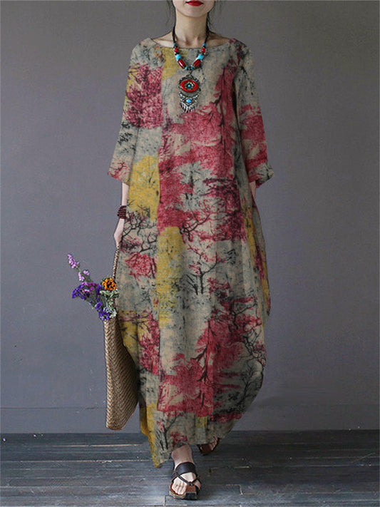 Vintage floral print maxi dress for plus size women, boat neck, half sleeve, lightweight and loose fit, perfect for casual or vacation wear