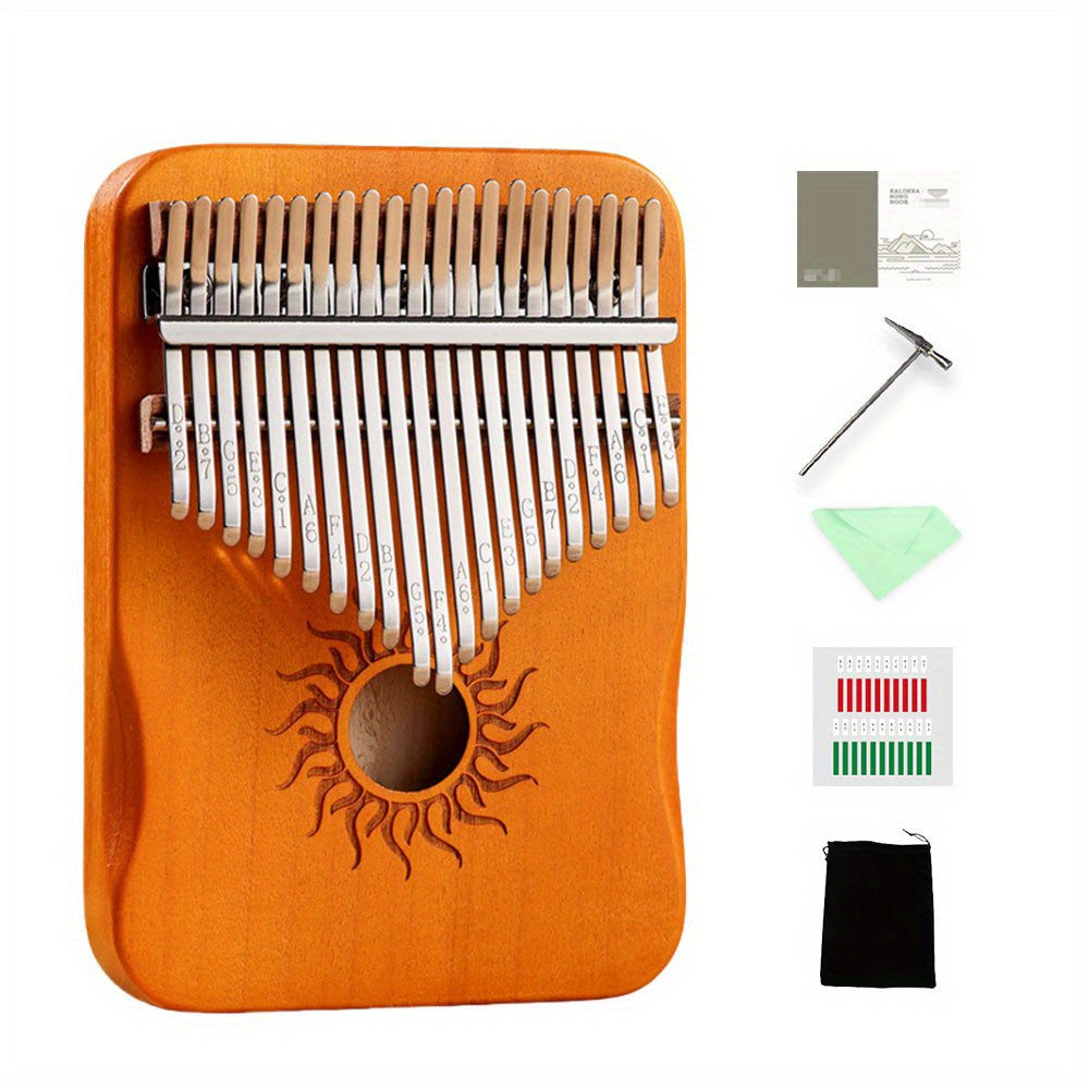 21-Key Kalimba Thumb Piano, made of solid wood, includes tuning hammer and accessories, perfect for beginners and gifting.