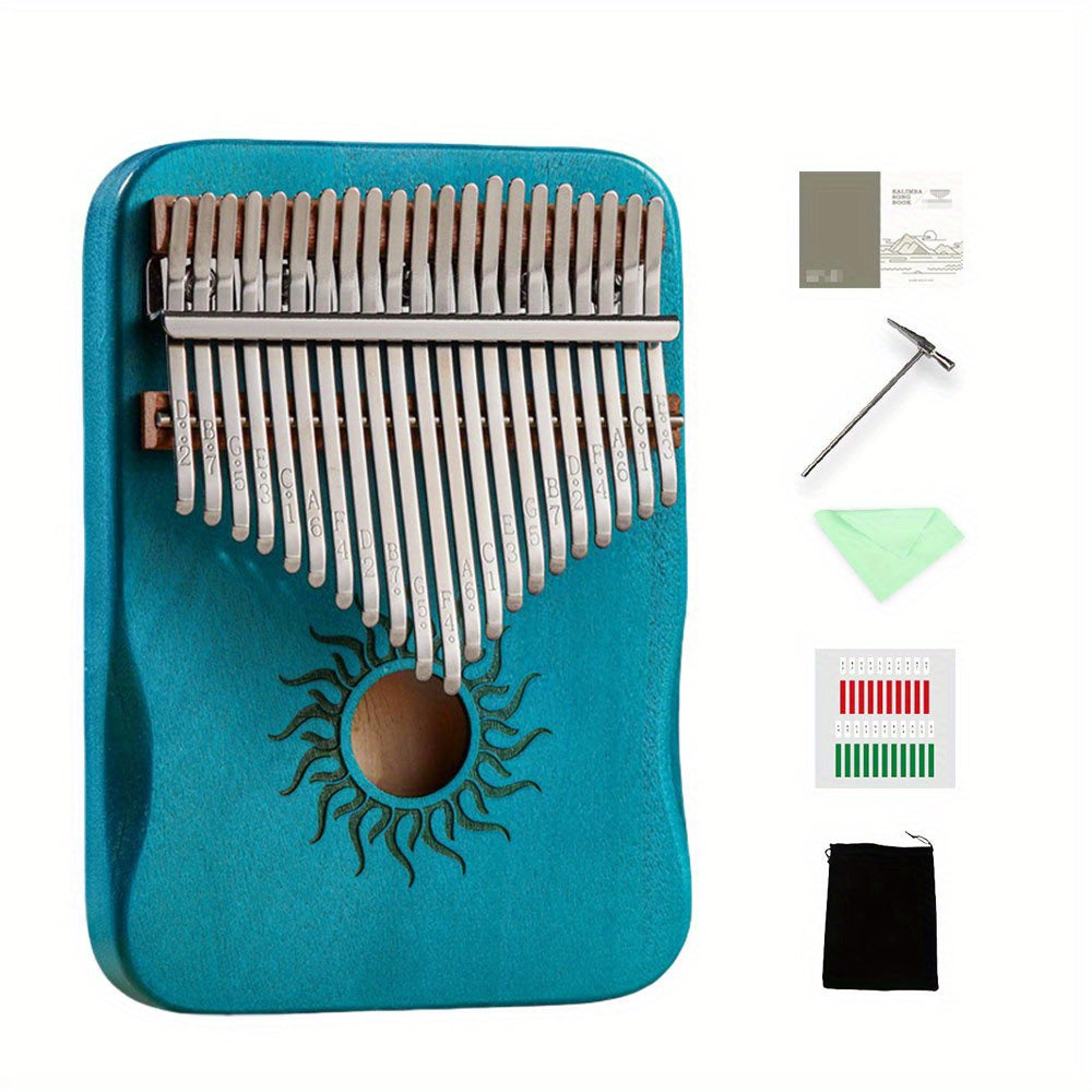 21-Key Kalimba Thumb Piano, made of solid wood, includes tuning hammer and accessories, perfect for beginners and gifting.