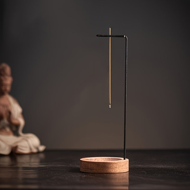 Zen-inspired wooden incense burner with ash catcher, perfect for meditation and home decor, made of metal.