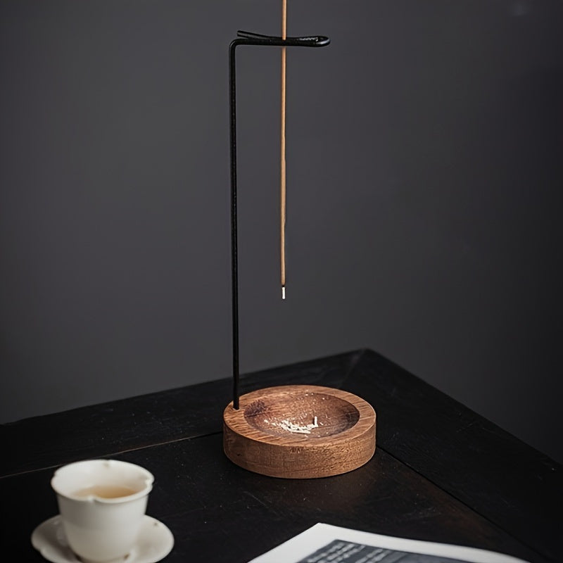 Zen-inspired wooden incense burner with ash catcher, perfect for meditation and home decor, made of metal.