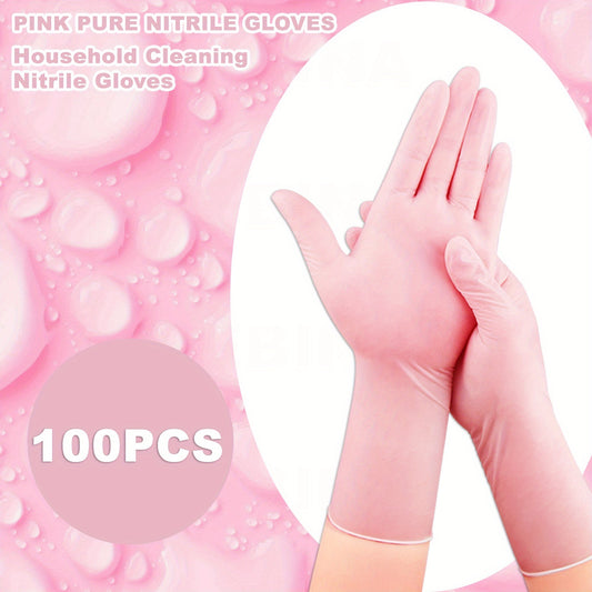 Pack of 100 brand-new, long and thick pure nitrile gloves designed for durability during household cleaning tasks. Ideal for use in the kitchen, hair coloring, pet care, beauty salons, and various other cleaning and household tasks.