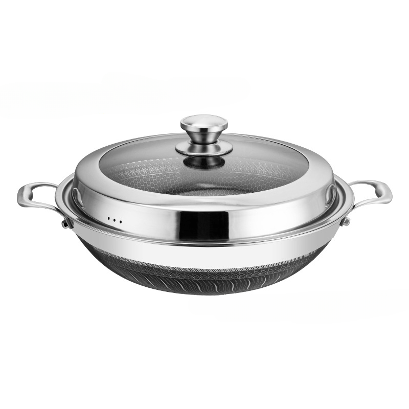 The Stainless Steel Wok Set with Lid & Steamer offers versatility with multiple sizes, non-stick dual-sided honeycomb design for optimal frying and cooking. It is suitable for use on induction, gas stoves, and ovens.