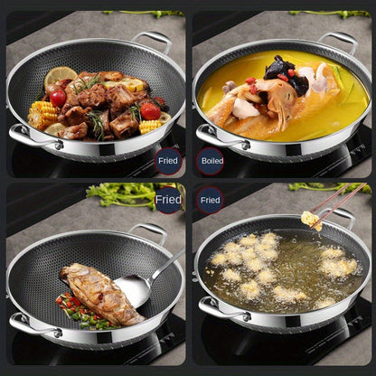 The Stainless Steel Wok Set with Lid & Steamer offers versatility with multiple sizes, non-stick dual-sided honeycomb design for optimal frying and cooking. It is suitable for use on induction, gas stoves, and ovens.