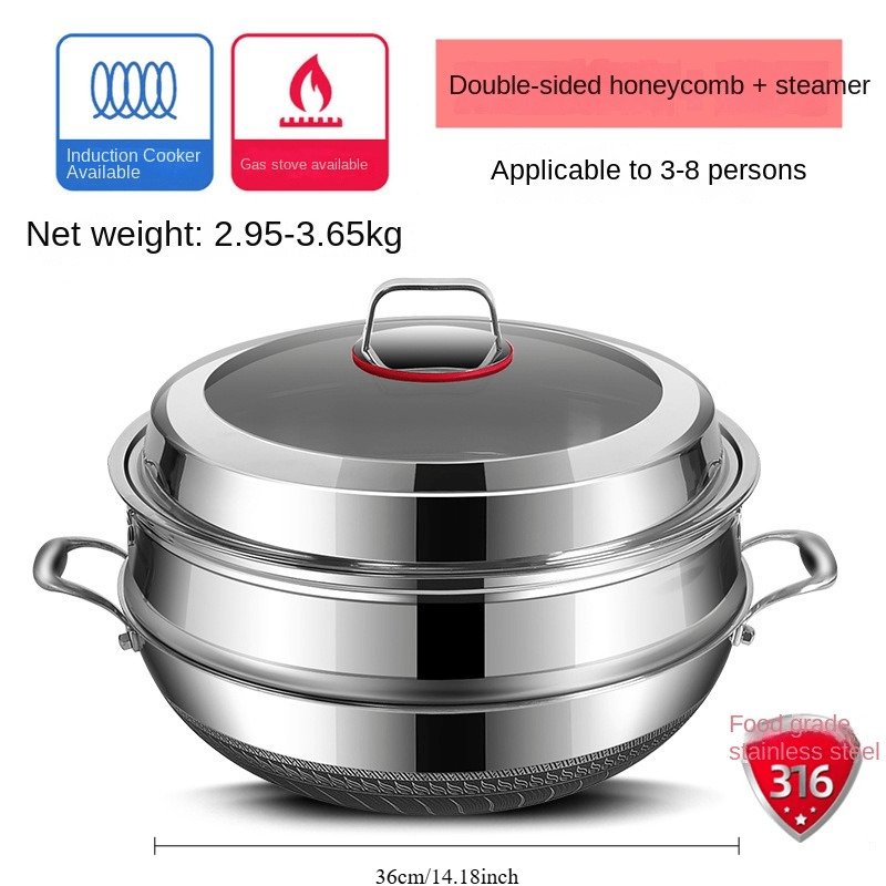 The Stainless Steel Wok Set with Lid & Steamer offers versatility with multiple sizes, non-stick dual-sided honeycomb design for optimal frying and cooking. It is suitable for use on induction, gas stoves, and ovens.