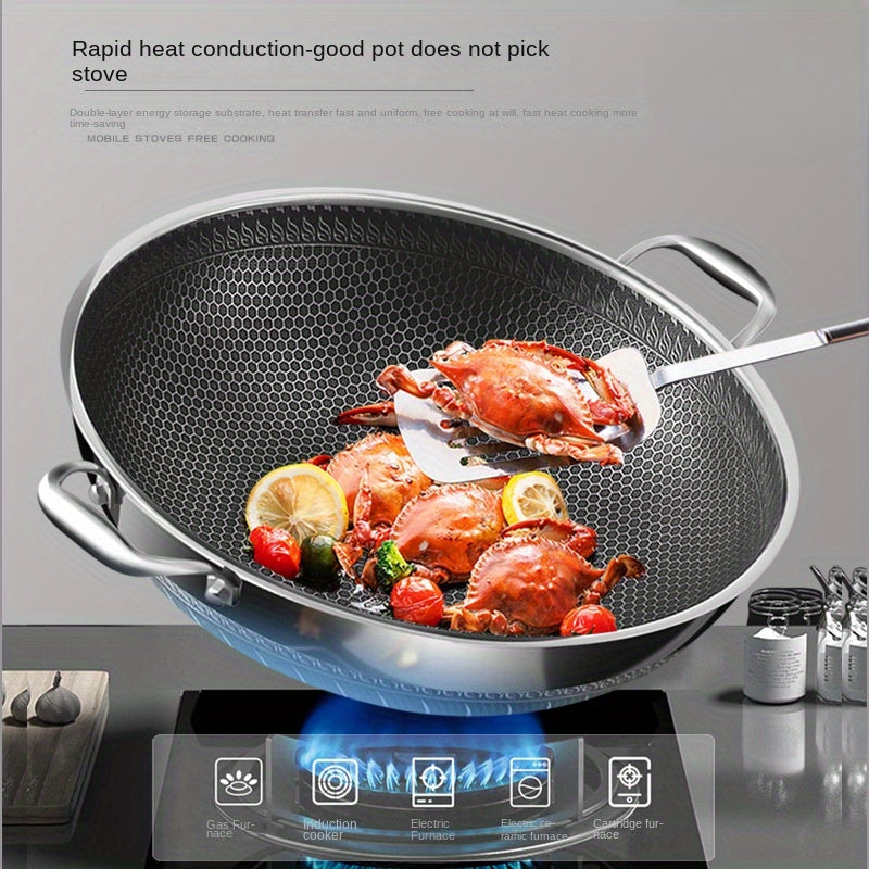 The Stainless Steel Wok Set with Lid & Steamer offers versatility with multiple sizes, non-stick dual-sided honeycomb design for optimal frying and cooking. It is suitable for use on induction, gas stoves, and ovens.