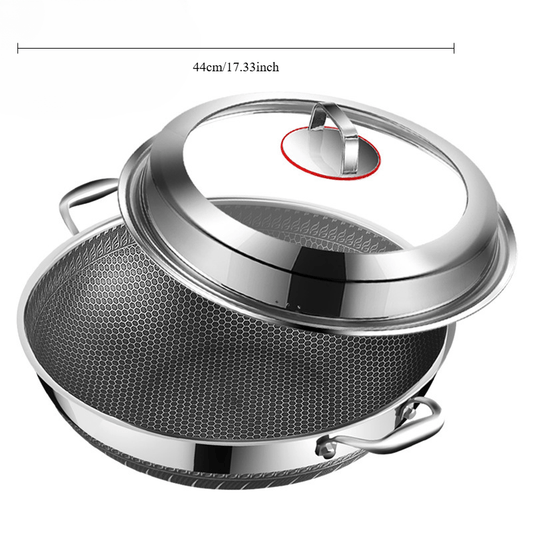 The Stainless Steel Wok Set with Lid & Steamer offers versatility with multiple sizes, non-stick dual-sided honeycomb design for optimal frying and cooking. It is suitable for use on induction, gas stoves, and ovens.