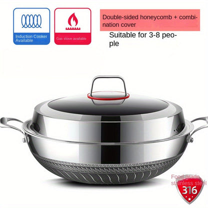 The Stainless Steel Wok Set with Lid & Steamer offers versatility with multiple sizes, non-stick dual-sided honeycomb design for optimal frying and cooking. It is suitable for use on induction, gas stoves, and ovens.