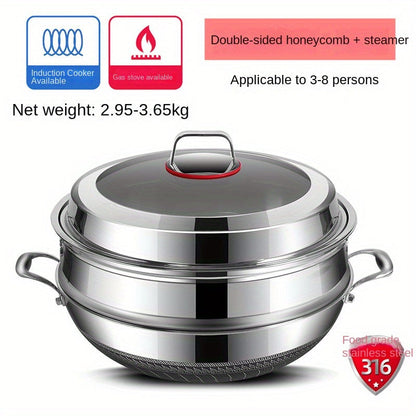 The Stainless Steel Wok Set with Lid & Steamer offers versatility with multiple sizes, non-stick dual-sided honeycomb design for optimal frying and cooking. It is suitable for use on induction, gas stoves, and ovens.