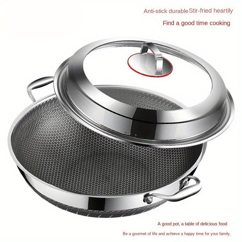 Double-sided honeycomb stir-fry pan made of 316 stainless steel, suitable for use on induction cookers, gas stoves, and ovens. Features a special flat bottom design, non-stick coating, and steamer function, making it versatile for household cooking needs.