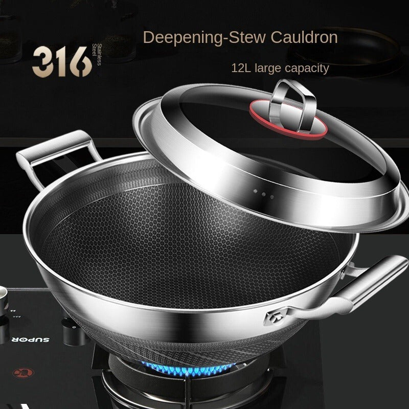 Double-sided honeycomb stir-fry pan made of 316 stainless steel, suitable for use on induction cookers, gas stoves, and ovens. Features a special flat bottom design, non-stick coating, and steamer function, making it versatile for household cooking needs.