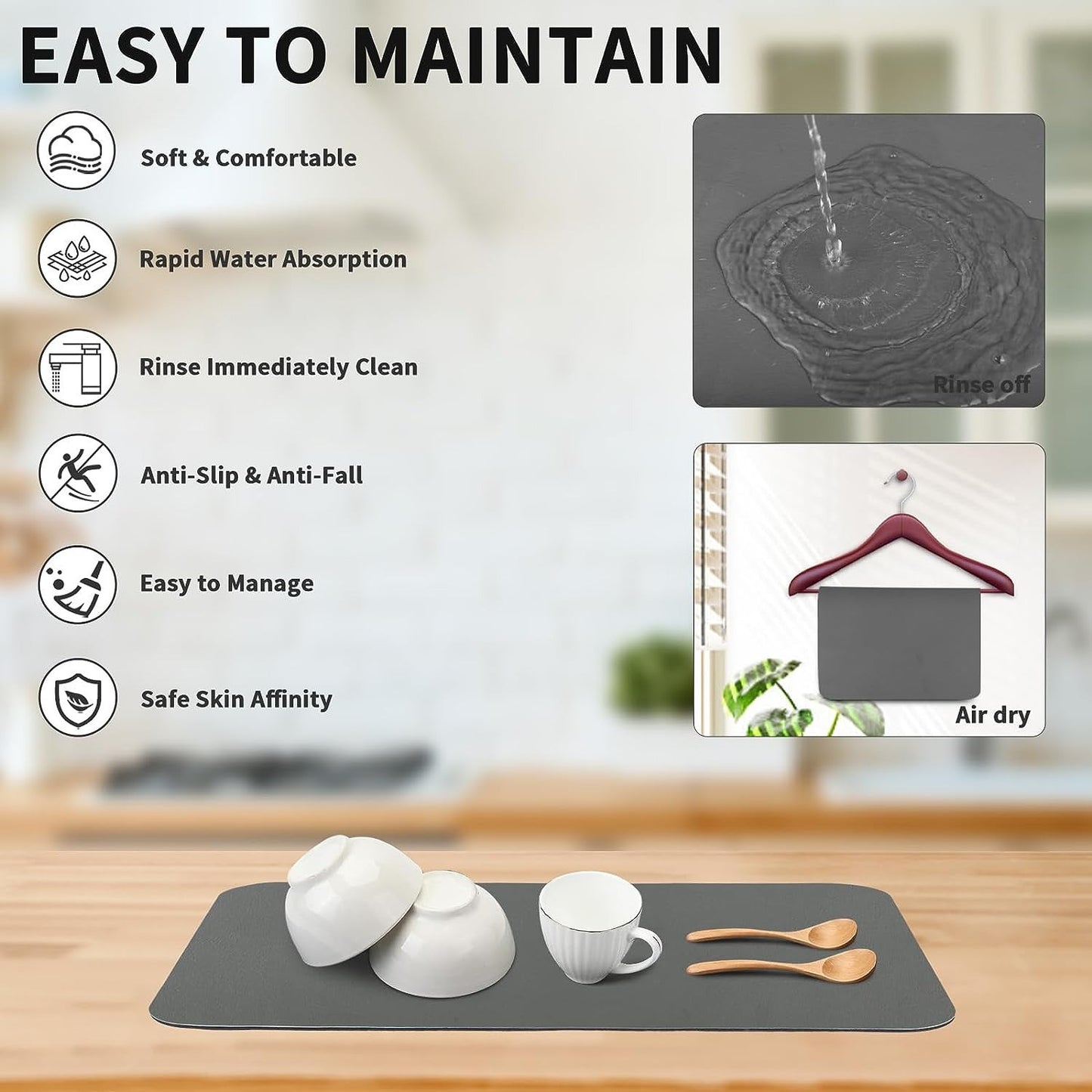 Highly absorbent kitchen drying mat with heat resistant, non-slip rubber backing - ideal for home and restaurant use.