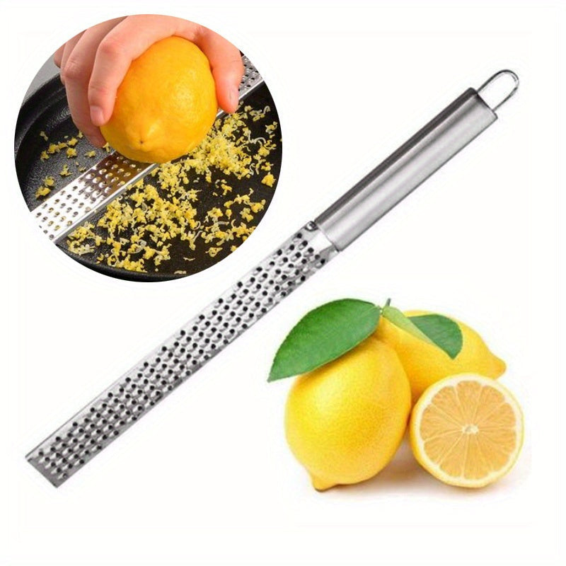 Premium Stainless Steel Dual-Sided Grater with Long Handle - perfect for grating citrus, cheese, and chocolate. Versatile kitchen gadget, ideal for home and camping use. Portable design for easy transportation.