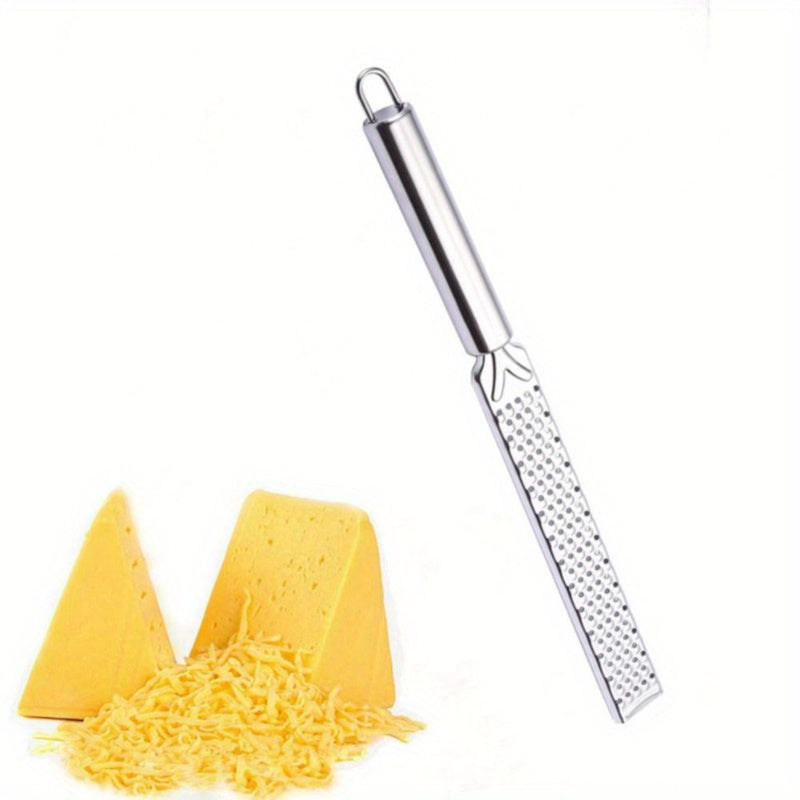 Premium Stainless Steel Dual-Sided Grater with Long Handle - perfect for grating citrus, cheese, and chocolate. Versatile kitchen gadget, ideal for home and camping use. Portable design for easy transportation.