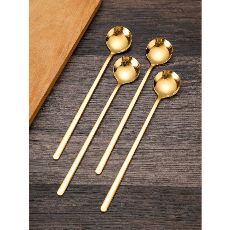 Set of 4 Golden Stainless Steel Coffee Spoons with Long Handles, Ideal for Stirring Coffee, Tea, and Desserts