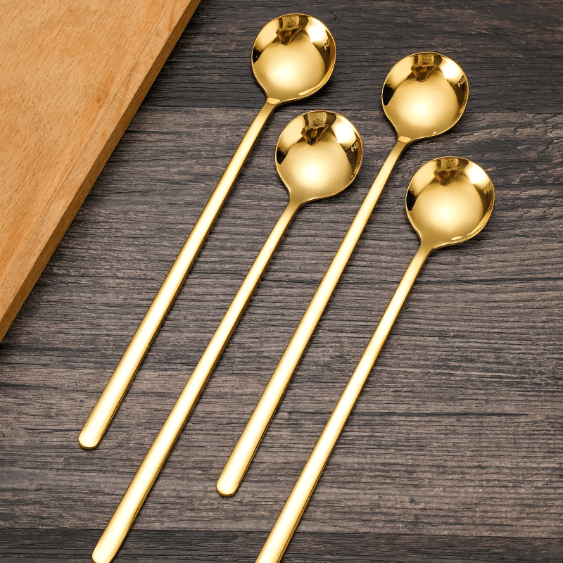 Set of 4 Golden Stainless Steel Coffee Spoons with Long Handles, Ideal for Stirring Coffee, Tea, and Desserts