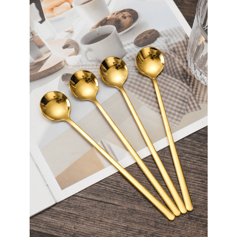 Set of 4 Golden Stainless Steel Coffee Spoons with Long Handles, Ideal for Stirring Coffee, Tea, and Desserts