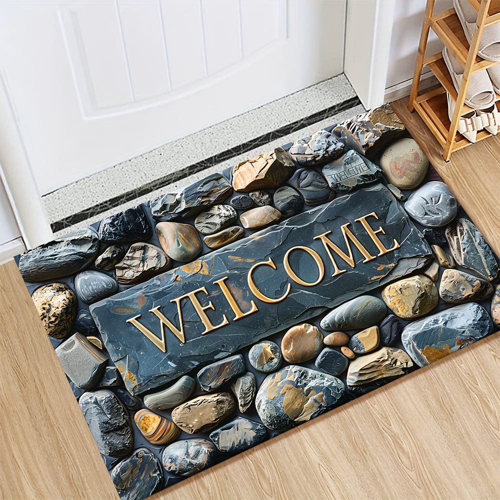 Introducing the luxurious Pebbles 3D Stone Pattern Floor Mat - a decorative delight for your home and outdoor spaces! This non-slip, waterproof, and machine washable polyester carpet features a beautiful artistic design and a luxurious texture. Perfect